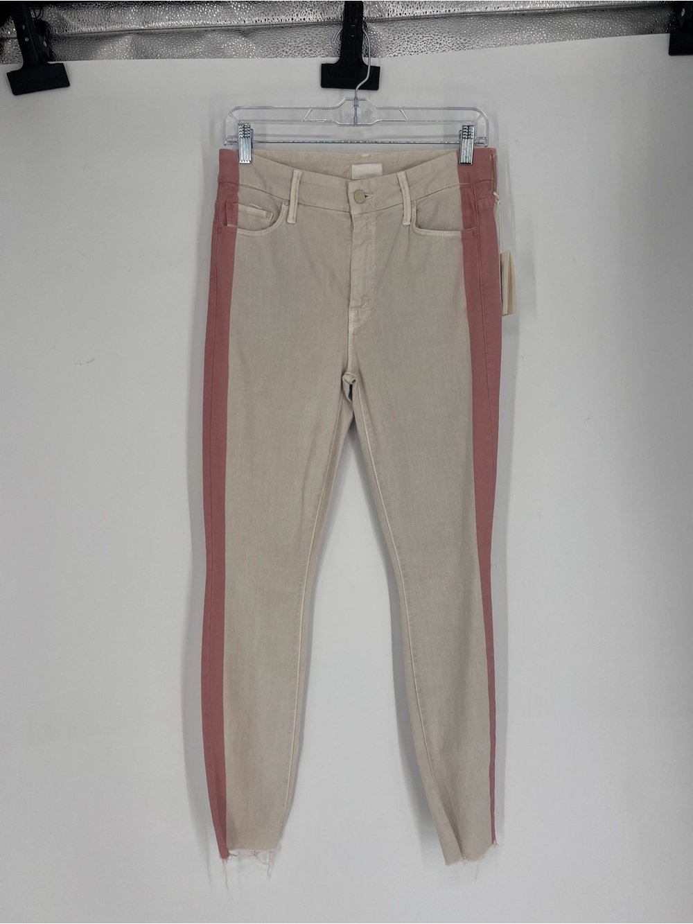Mother The Looker Ankle Fray Racer Cream Pink Striped Skinny Jeans 27 NWT